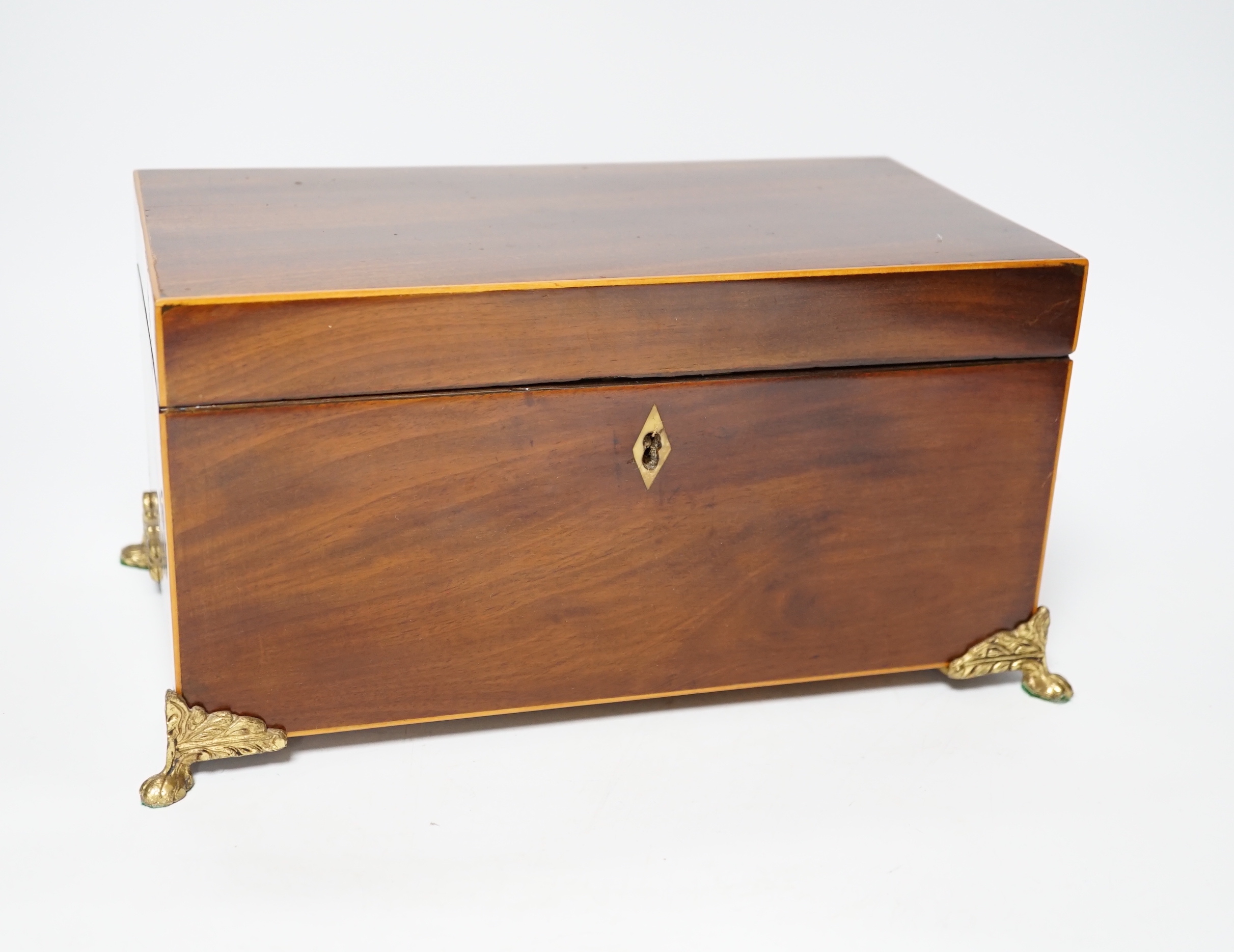 An early 19th century boxwood strung mahogany tea caddy, ivory inlay, 28cm wide CITES Submission reference 5DS6M1FP